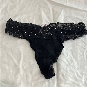NWT - Victoria's Secret Black Lace Thong with Sparkle-Beaded Accents